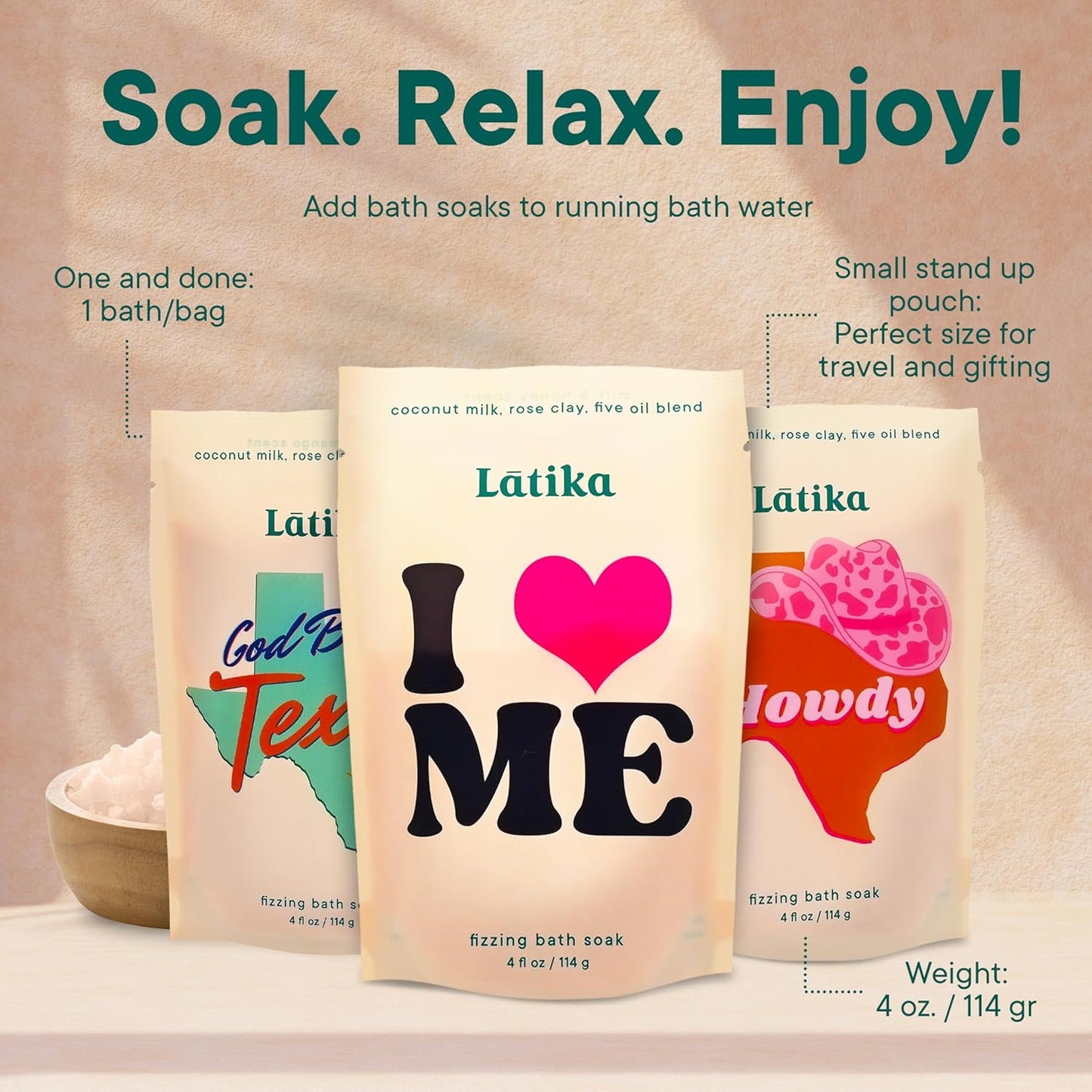 Bath Soaks Set of 3 - Texas, Howdy, I Heart Me - Moisturizing Fizzing Bath Soak for Stress Relief & Muscle Recovery with Essential Oils, Epsom Salt & Natural Scents - Self-Care Spa Gift