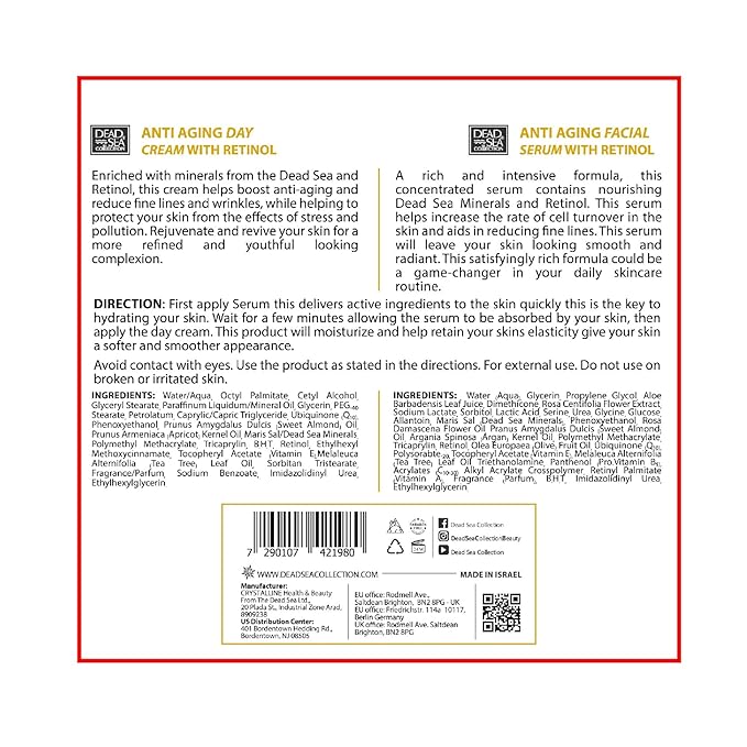 Dead Sea Collection Facial Kit Retinol - Day Cream (1.69fl.oz/50ml jar) & Facial Serum (1.69fl.oz/50ml bottle) - Pure Dead Sea Minerals - Anti-Wrinkle Hydration Smooth and Moisturized Skin