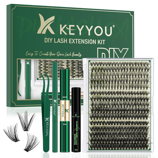 KEYYOU Lash Extension Kit DIY 300Pcs Lash Clusters Eyelash Extension Kit Lash Clusters Kit with Lash Glue Remover Applicator Easy to Use for Beginners(Kit,30D40D50D-C,8-16MIX)