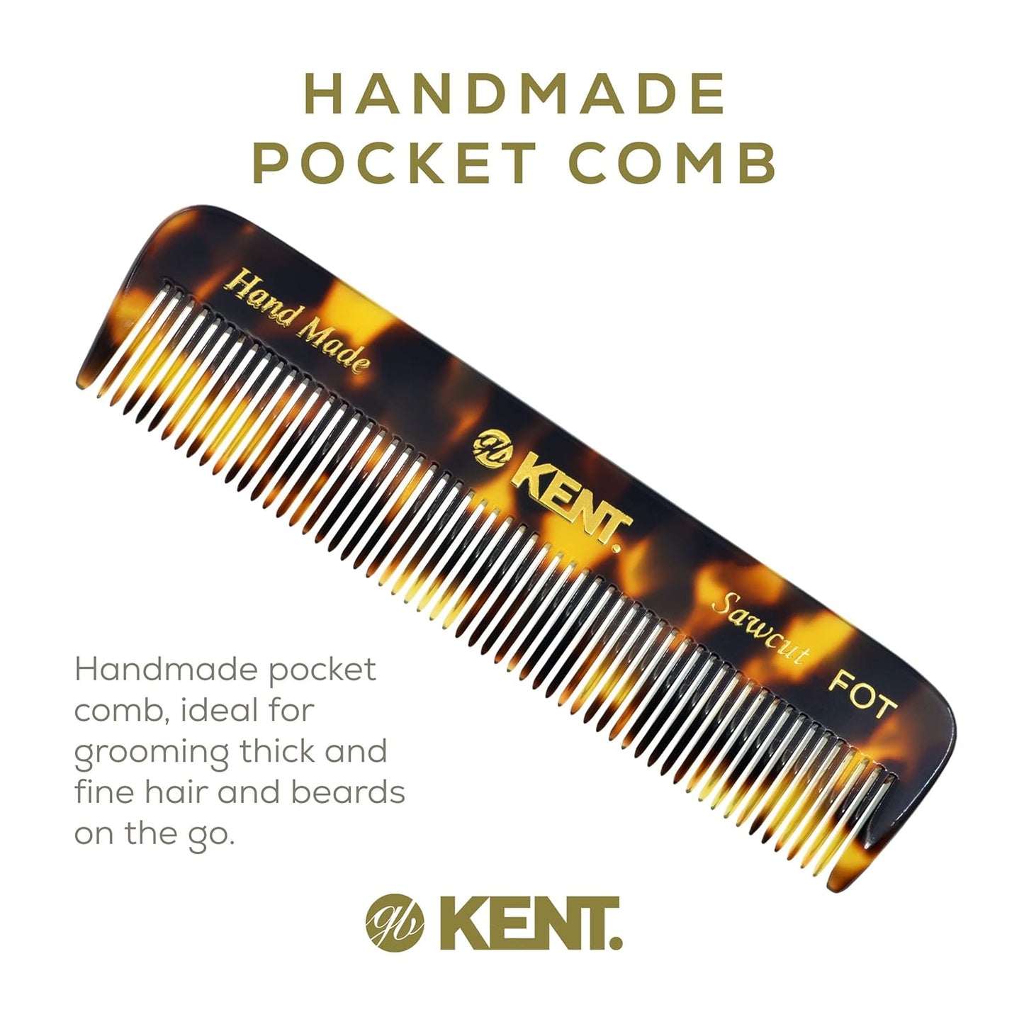 Kent FOT TY Fine Tooth Comb for Men - Handmade Pocket Comb for Travel, Styling, Fine or Thinning Hair, Mustache and Beard Care Handpolished Saw-Cut Made in England