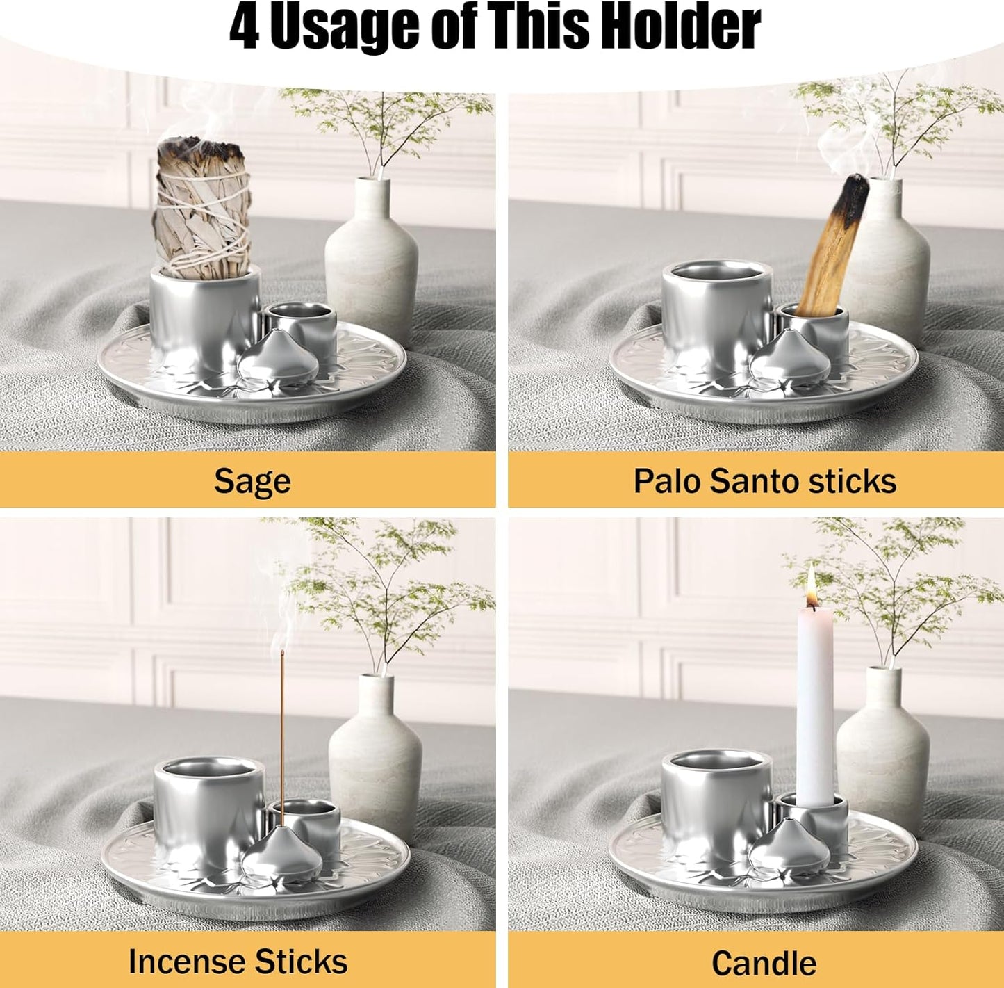Palo Santo Holder - 4 in 1 Incense & Candle Holder - Ceramic Incense Holder Ash Catcher Tray for Meditation Room - Easy to Clean (Silver)