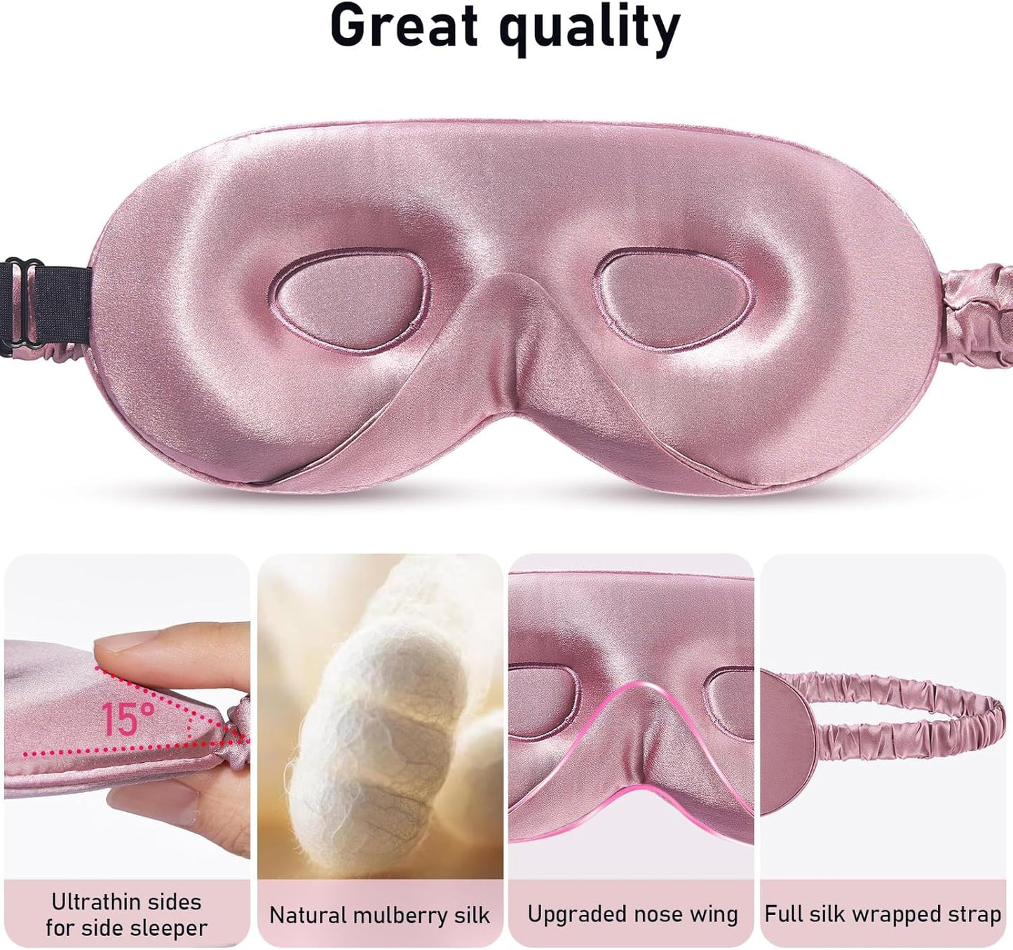 LitBear 100% 22 Momme Mulberry Silk Sleep Mask - 3D Contoured Eye Mask for Men Women, Soft Breathable Sleeping Mask with Adjustable Strap, Perfect Blocks Light for Sleeping (Bean Pink)