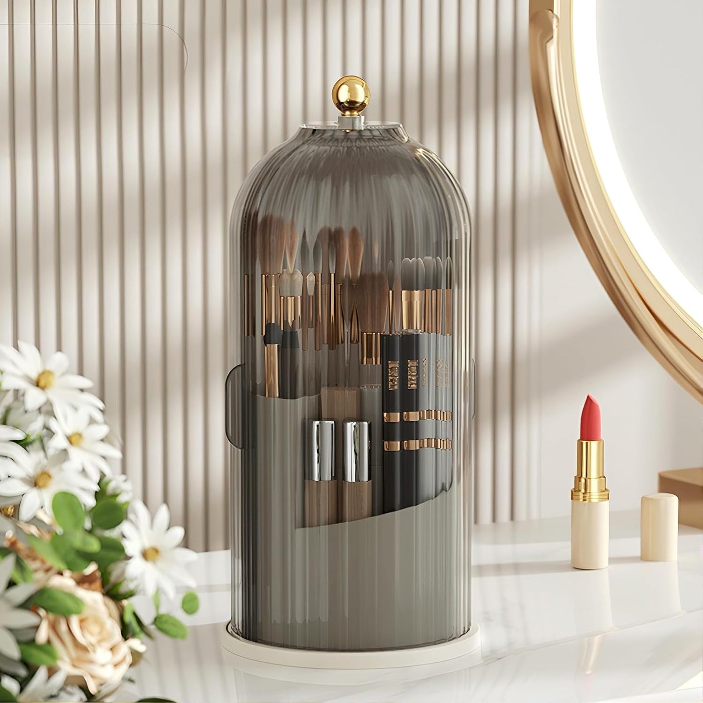 B-H1 Makeup Brush Holder with Dustproof Cover 360 Rotating Makeup Brushes Organizer for Vanity Desktop Bathroom (Gray)