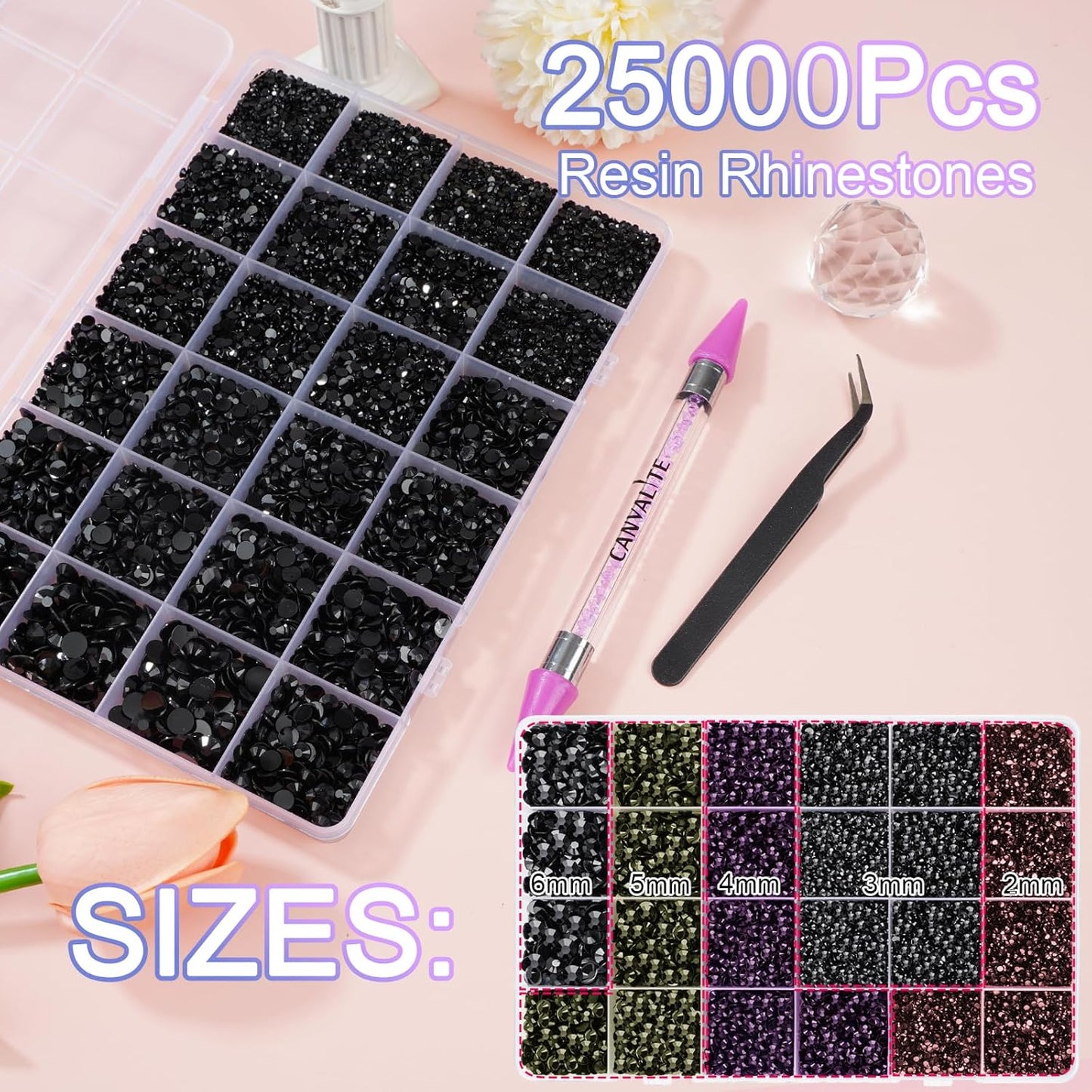 Canvalite 25000PCS Resin Jelly Rhinestones for Crafting, Black Flatback Gems, Bedazzling Crystal with 5x2.5g B7000 Jewelry Glue and Tweezers Dotting Pen for DIY Crafts Clothing Shoes Nail Art