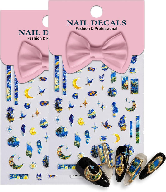 5D Van Gogh's Starry Night Nail Art Stickers, Embossed Nail Decals Supplies Self Adhesive Nails Sticker DIY Acrylic Nail Accessories - 2 Sheets