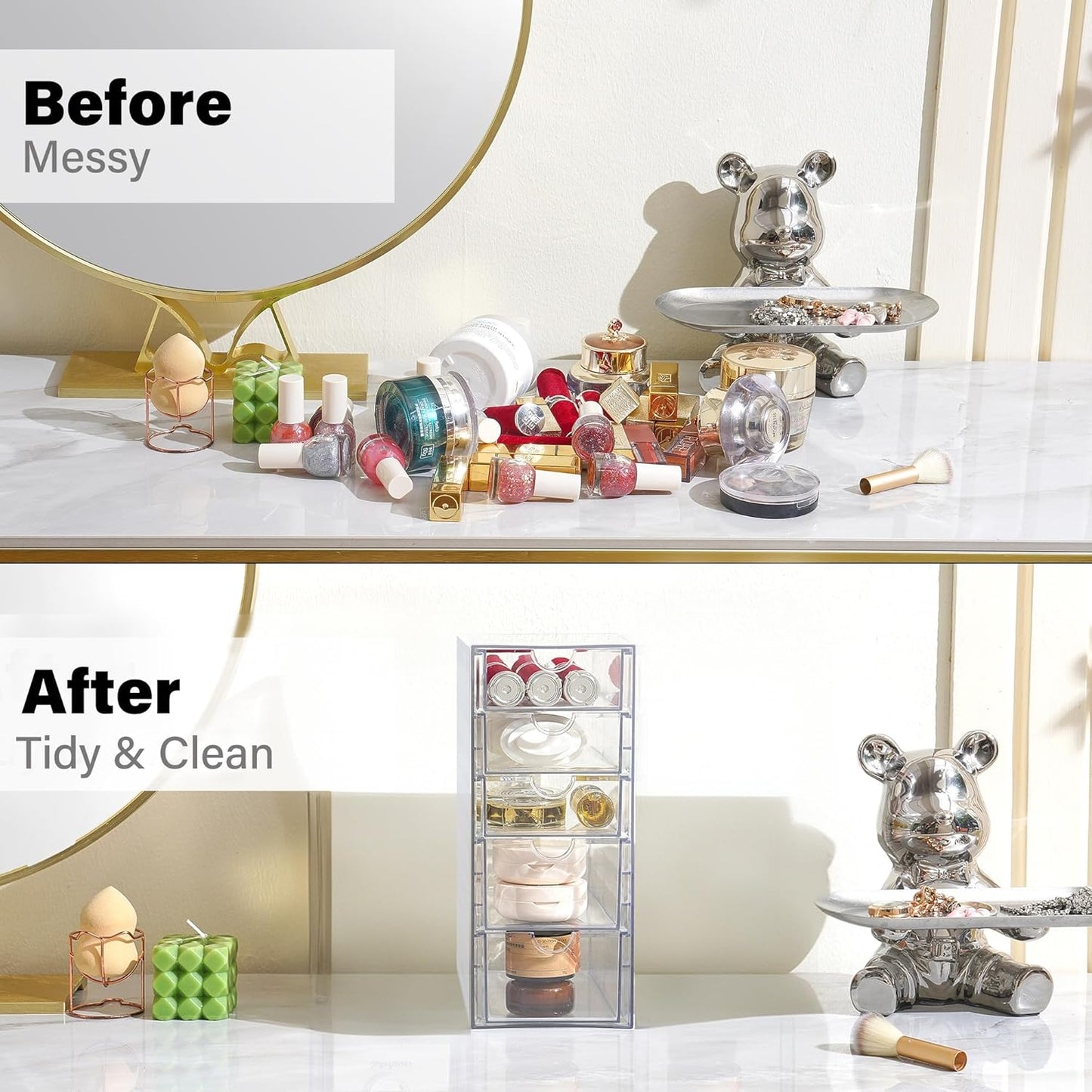 Prsildan Acrylic Drawer Makeup Organizer with 5 Drawers, Hair Accessories Organizer, Office Desk Organization, Clear Stackable Storage Drawers for Vanity, Countertop, Craft, Jewelry