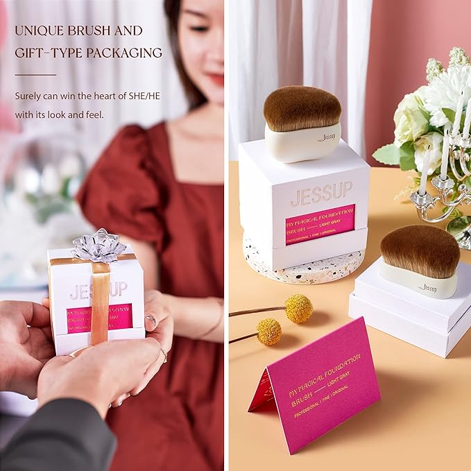 Jessup Makeup Brush, Foundation Brush Flat Top Kabuki Brush for Face Blush Liquid Powder Foundation Brush for Blending Buffing Stippling with Gift Box, Light Gray SF002