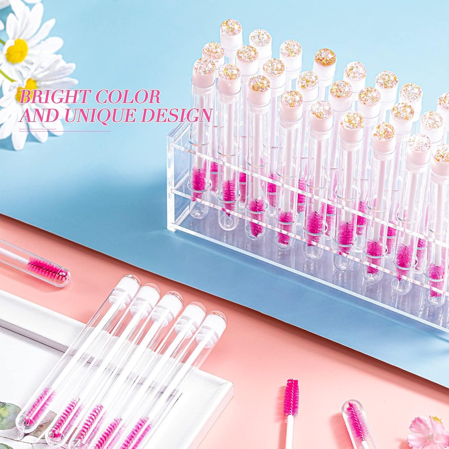 80 Pieces Disposable Mascara Brushes Tubes Set, 40 Pieces Empty Mascara Wand Tube with 40 Pieces Eyelash Brush Makeup Tool for Eyelash Extension(Pink Gold Sequins Style)