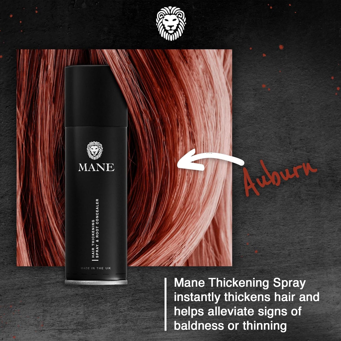 Mane Hair Thickening Spray & Root Touch Up, Instantly Thicker Hair for Men & Women, Fill in Hairlines and Hide Thinning and Fine Patches - Auburn, 12 Colors (6.76 oz)