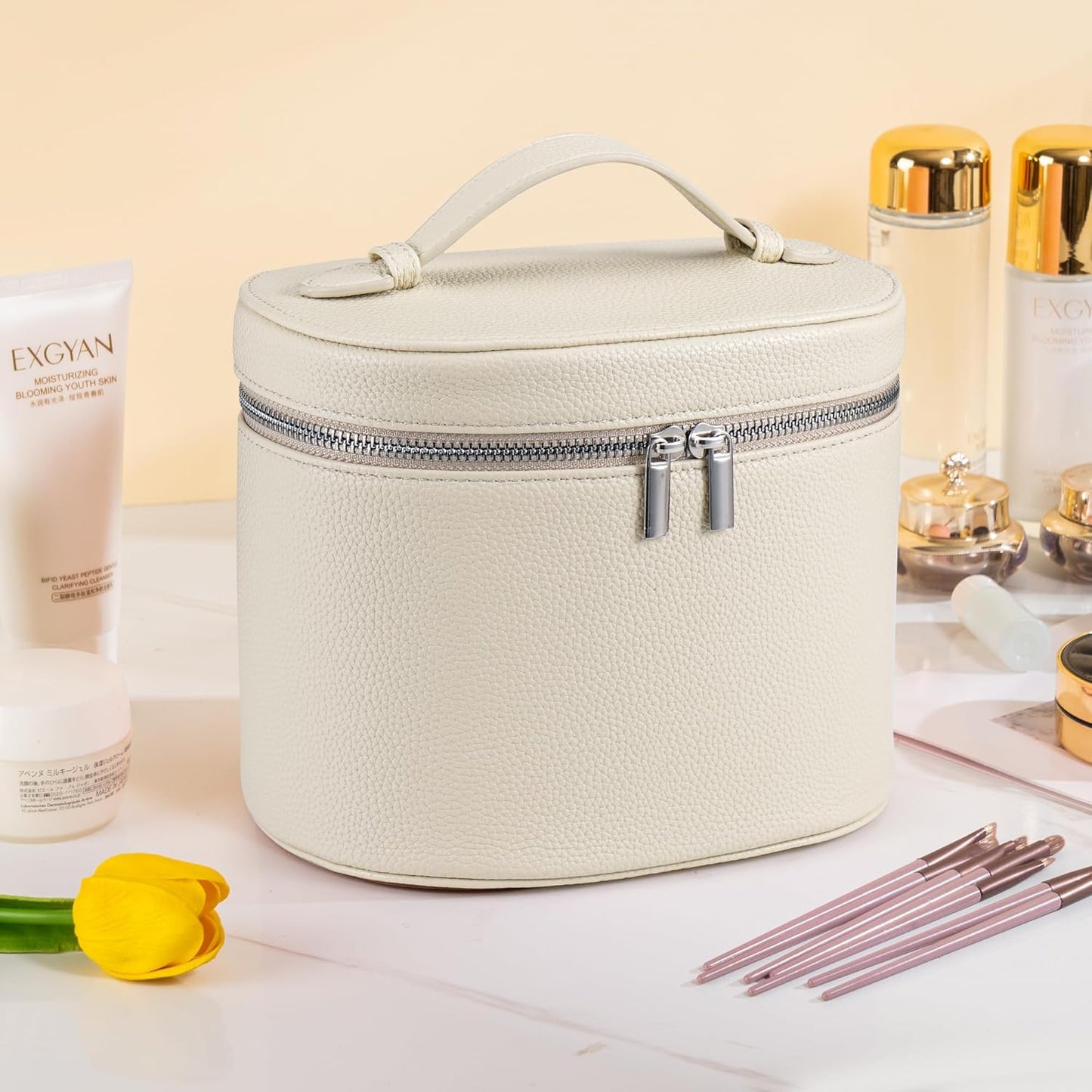 Makeup Bag Vanity Case Cosmetic Bag with Removable Divider Travel Toiletry Bag for Women Portable Make up Box Organizer, Beige