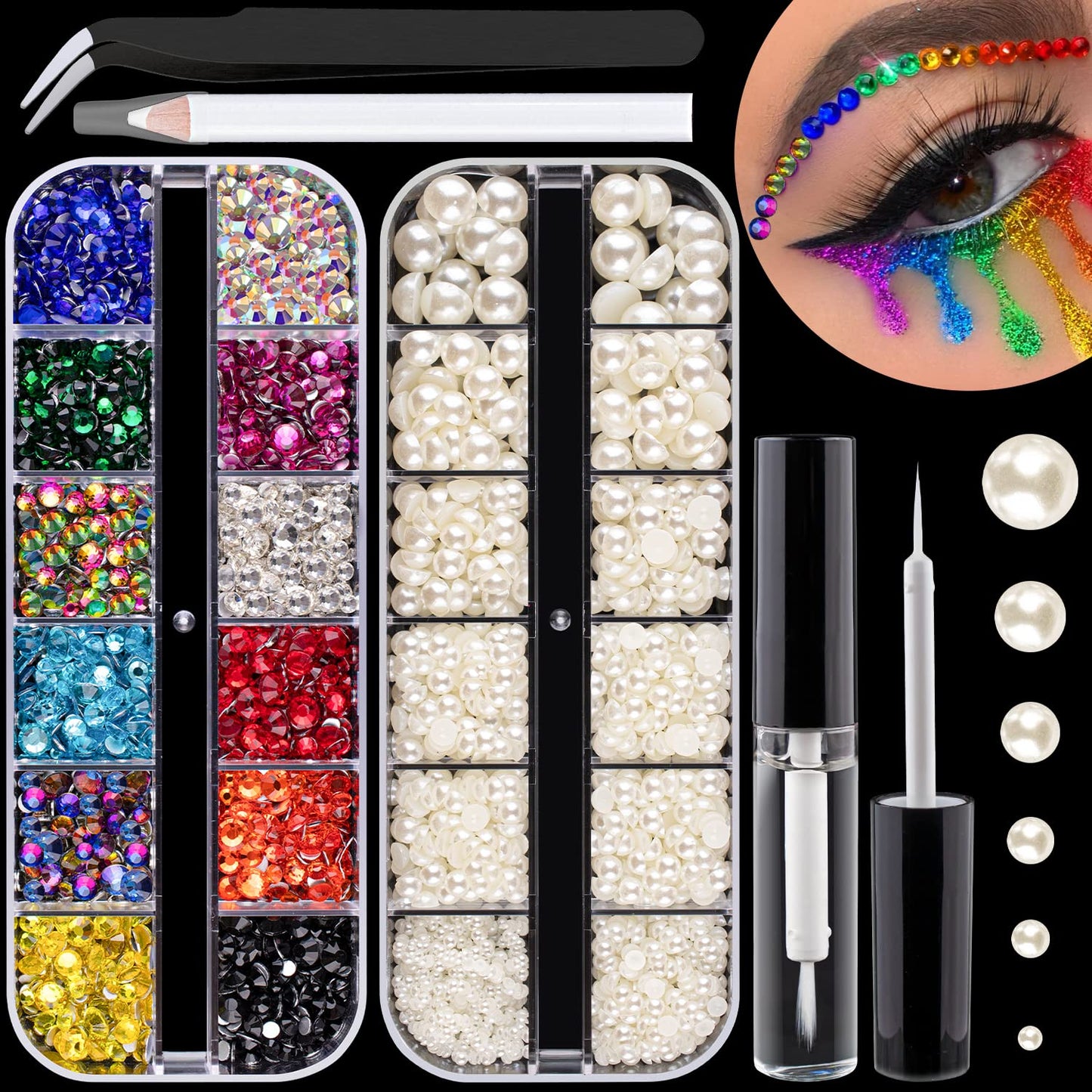Colorful Flatback Face Gems and Beige Pearls for Makeup with Quick Dry Glue, Half Round Pearls Nail Art Rhinestones Glass Crystal Beads for Make-up Deco with Pickup Pencil + Tweezer