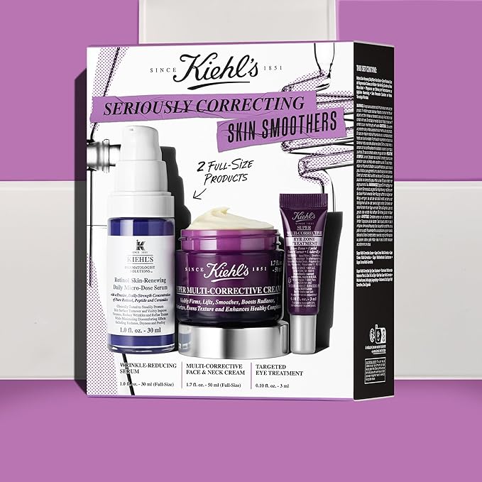 Kiehl's Seriously Correcting Skin Smoothers Skincare Gift Set – 3 Piece Skincare Routine Set with Wrinkle Reducing Face Moisturizer, Retinol Facial Serum & Anti-Aging Eye Cream