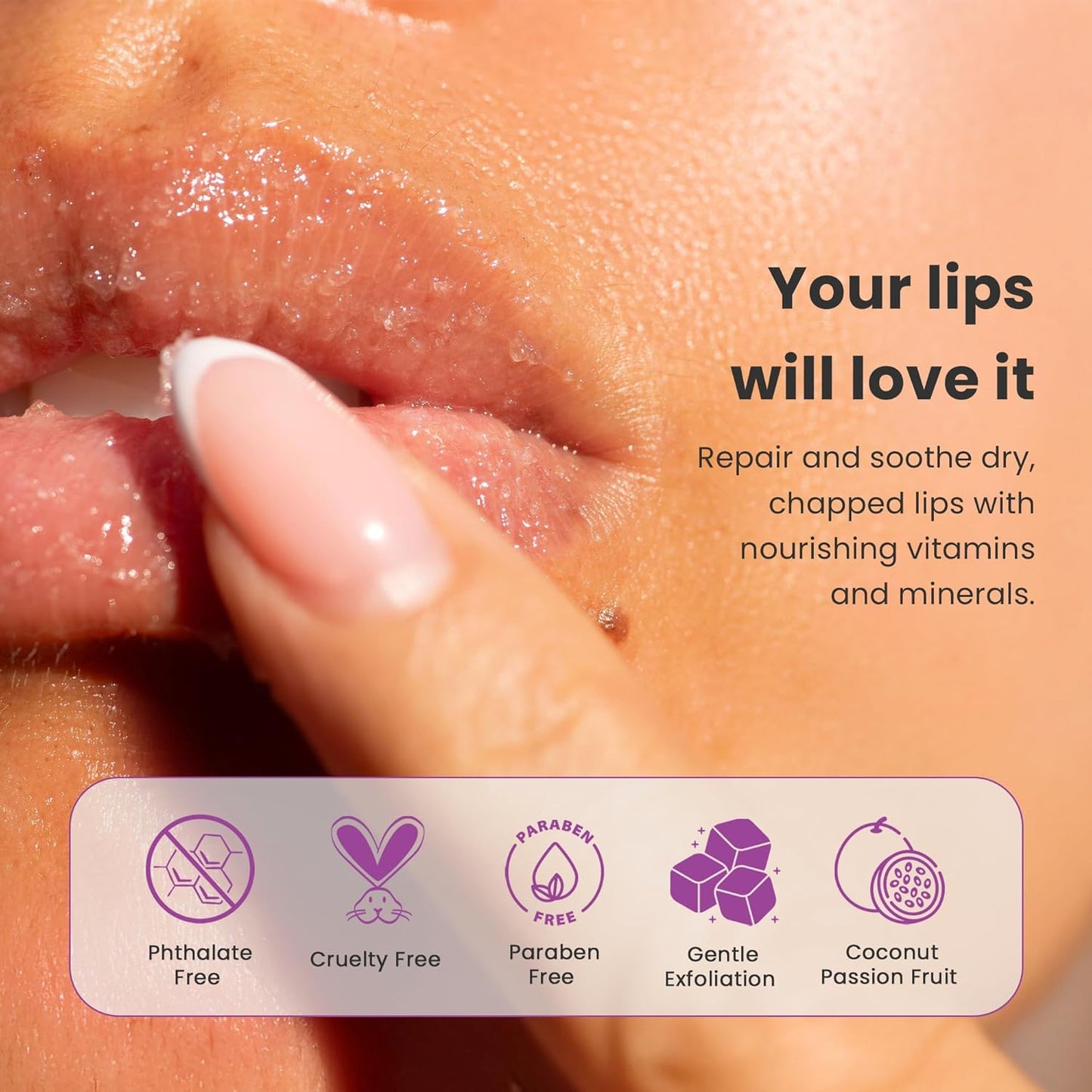 Dermasuri Lip Exfoliator Scrub and Moisturizer, Sugar Scrubs, Overnight Hydration & Softening, Brighten and Soften Dark Lips For Men & Women, Soothing Dryness, Coconut Passion Fruit Flavor 20g/0.7oz