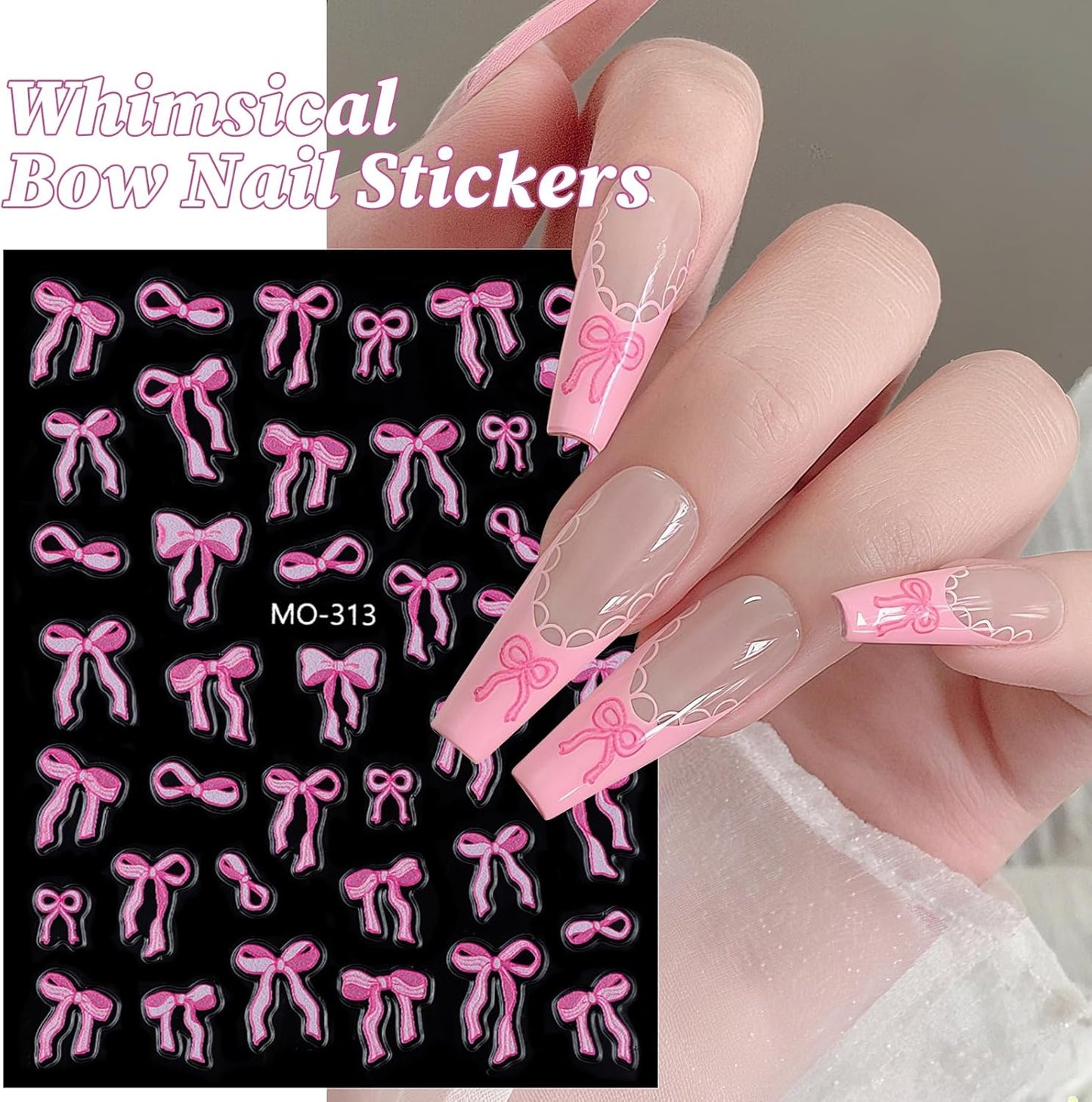 Bow Nail Art Stickers 3 Sheets 5D Embossed Self Adhesive Nail Decals Pink White Bow Nail Stickers Cute Elegant Lace Design Nail Art Supplies for Women DIY Manicure Decorations