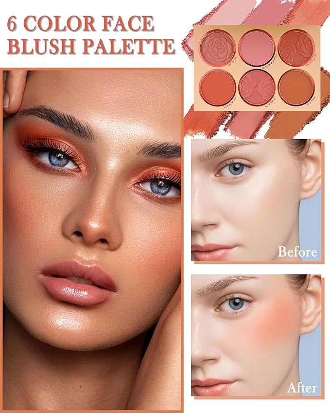 Matte Rose Face Blush Palette Kit with Brush-6 Color High Pigment Silky Mineral Blendable Blusher Contour Powder for Cheeks,Longlasting Eyeshadow Facial Beauty Cosmetic Makeup Gift for Women-Set 02