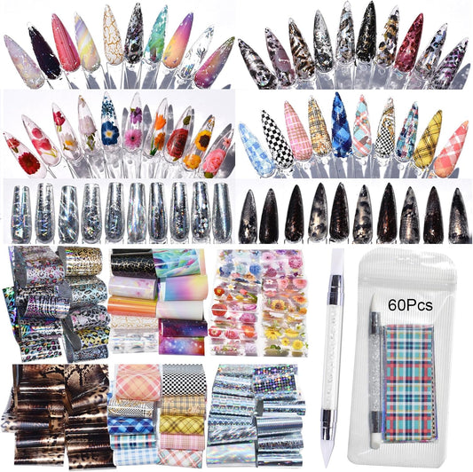 Nail Art Transfer Foils, 60 Pieces, Mixed Designs - Dried Flowers, Iridescent, Animal Print, Marble, Checkered Patterns, 1 Pcs Nail Art Engraving Pen Silicone Pen 7.87 x 1.57 inches(60)
