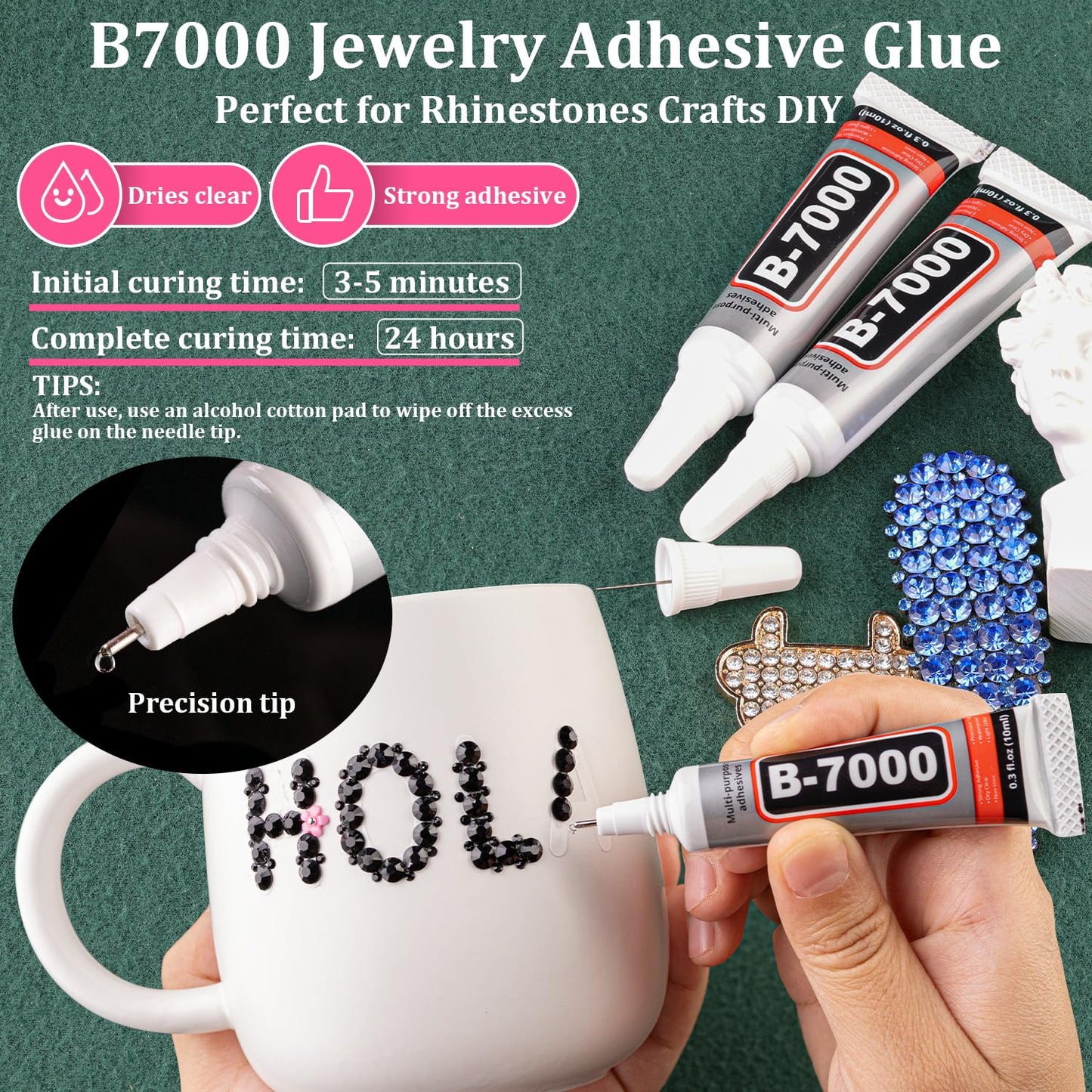 Resin Rhinestones for Crafting with B7000 Jewelry Glue, 2 Boxes Black Flatback Crystals with 3Pcs 10ml Glue for Bedazzling Crafts DIY Nail Art Makeup，Non Hotfix Gems for Clothing Shoes