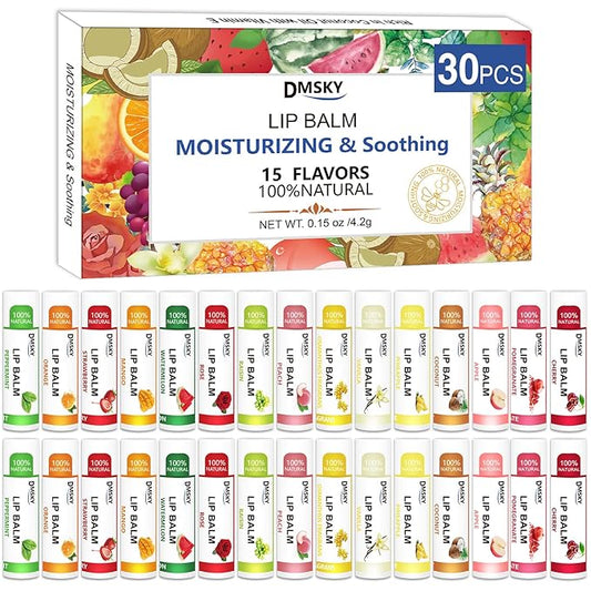 DMSKY 30 Pack Lip Balm, Natural Lip Balm Bulk with Vitamin E and Coconut Oil, Moisturizing Lip Balm for Chapped Lips-15 Flavors