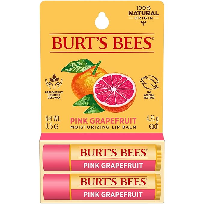Burt's Bees Lip Balm - Pink Grapefruit, Lip Moisturizer With Responsibly Sourced Beeswax, Tint-Free, Natural Origin Conditioning Lip Treatment, 2 Tubes, 0.15 oz.