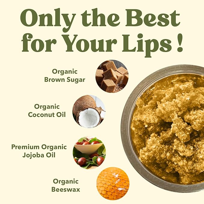 Organic Brown Sugar Lip Scrub – 0.7oz – USDA Organic Lip Exfoliator Scrub for Dry Lips - Fair Trade, Brown Sugar, Jojoba Oil, Beeswax, Coconut Oil - Lip Scrubber Exfoliator For Lip Care
