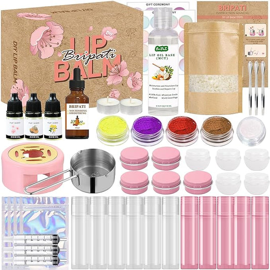 Lip Balm Making Kit - DIY Lip Gloss Kit to Make Your Own Lip Balm with Natural Beeswax, Lip Base Oil, Essential Oil, Tubes, Jars Lip Balm Craft Kit For Adults Girls Moisturizing Lip Care Kit