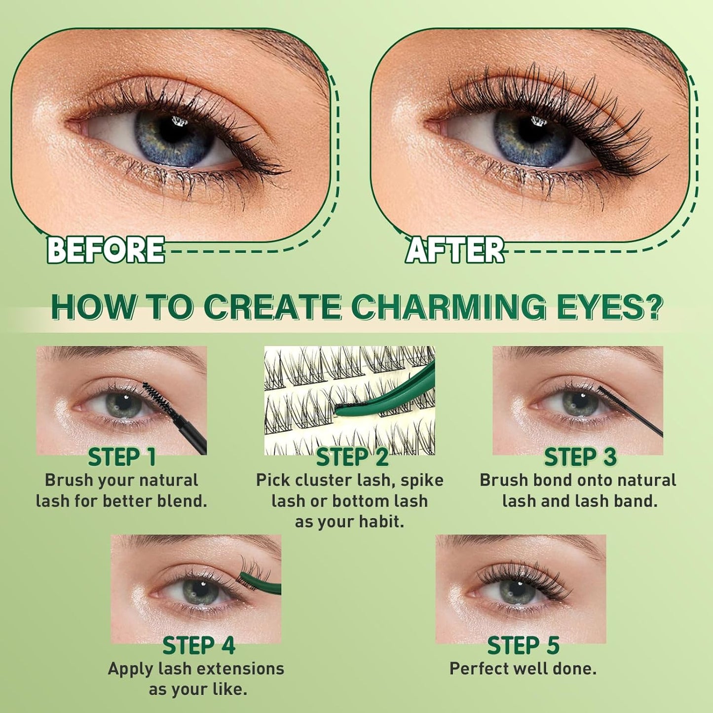 KEYYOU Natural Lash Clusters Kit 144Pcs DIY Lash Extension Kit Wispy Eyelash Extensions Kit D Curl 10-12MIX with Bond and Seal and tweezers with Thin Lash Band(KIT-N05-D-10-12MIX)