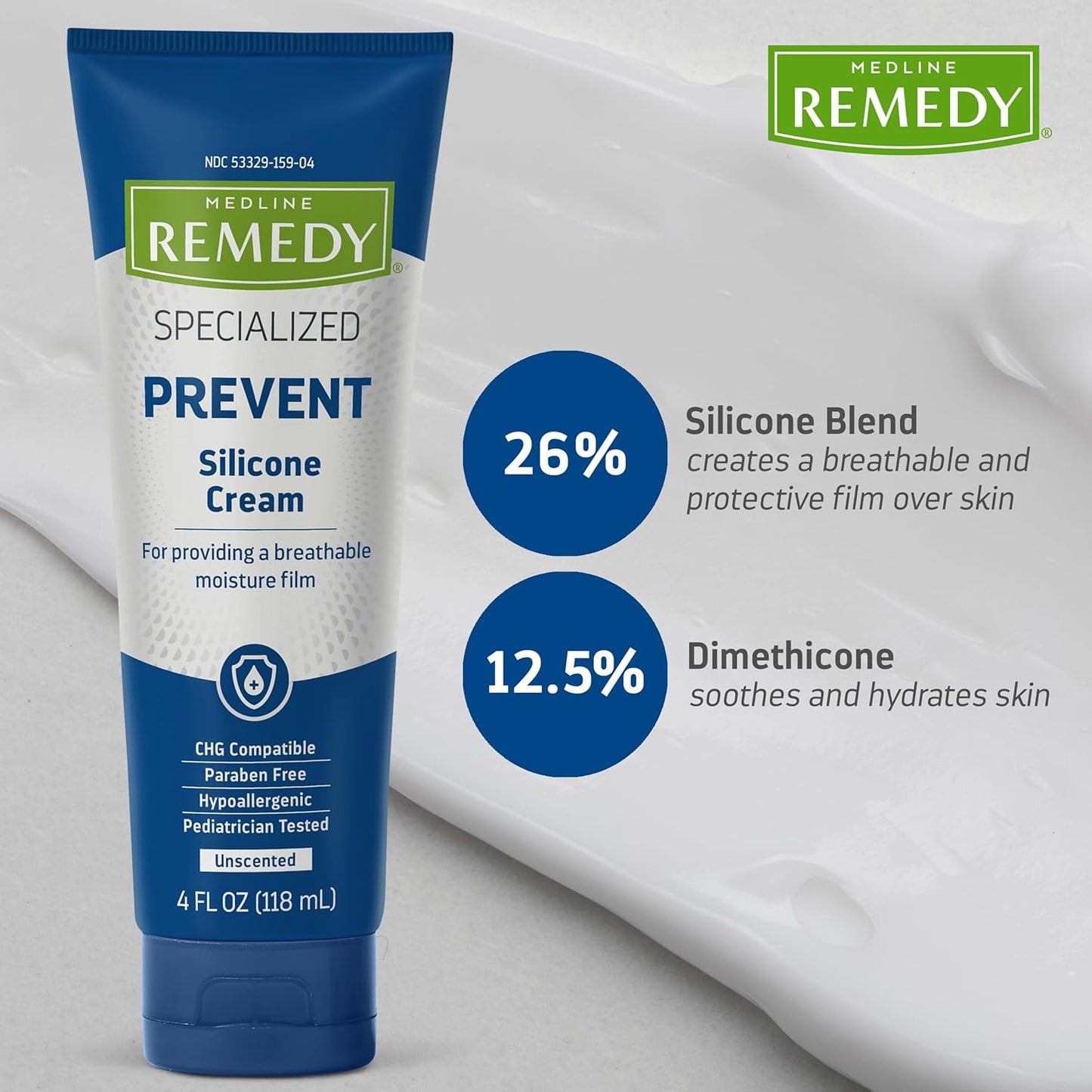 Medline Remedy Specialized Silicone Cream, Unscented (4 fl oz), Gentle Breathable Film for All Ages, Paraben-free and Hypoallergenic Skin Care, Barrier for Dry Cracked Skin