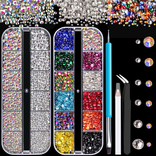 Rhinestones for Nails, Manicure Gem, Flat Back Glass Crystal AB & Transparent Clear + Mixed Color Iridescent Chameleon Gemstones, 2-5mm Round Gems for Nail Art Decor with Pickup & Dotting Tools
