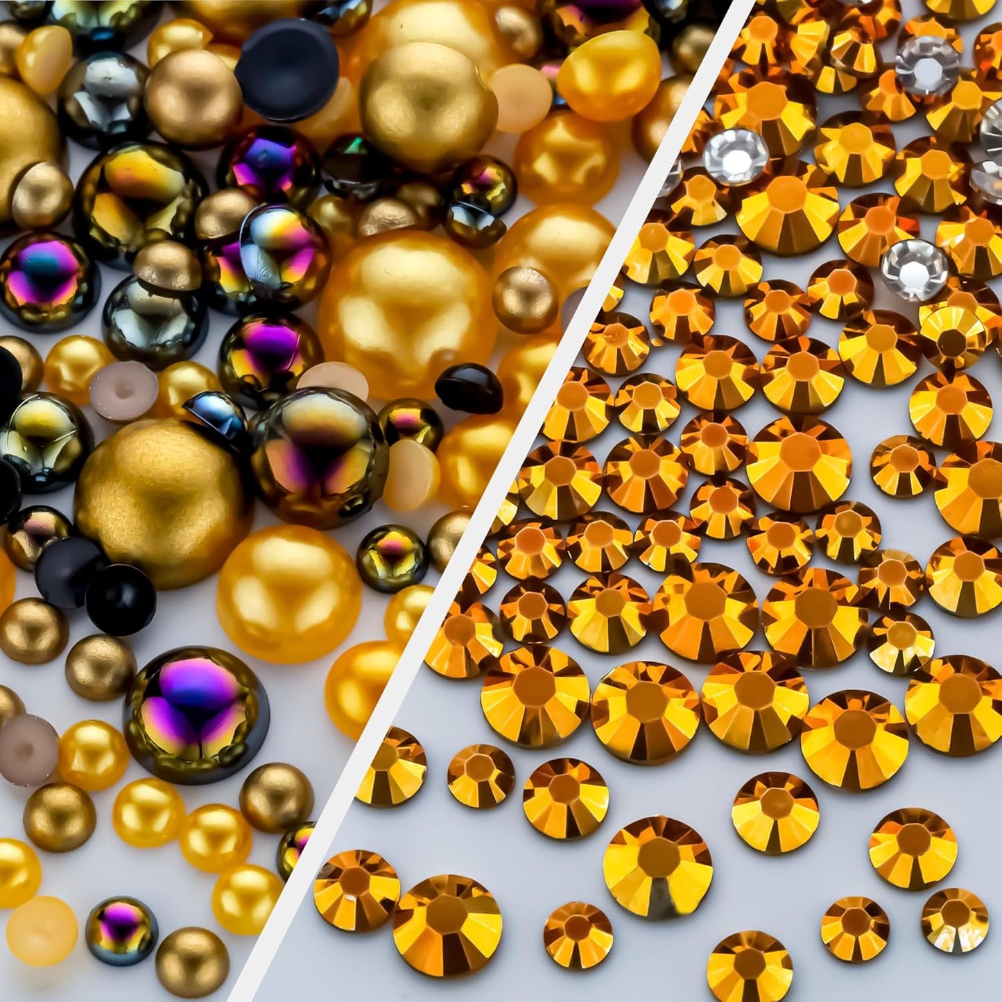 60g Gold Flat Back Pearls Rhinestones for Crafts Mixed Size 3mm-10mm AB Color Round Half Pearls Flatback Pearl Beads and Resin Rhinestones Set for Face Art with Glue