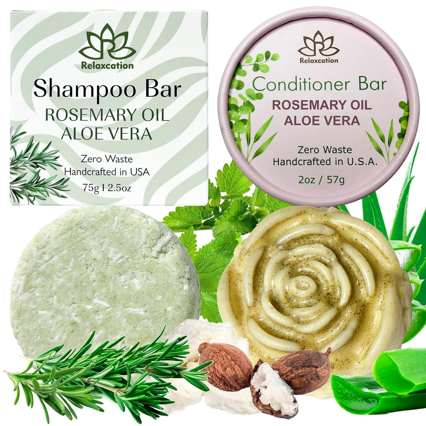 Organic Rosemary and Aloe Vera Solid SHAMPOO BAR AND CONDITIONER BAR for Hair Growth, Refreshing and Hydrating | Herbal Shampoo with Rosemary, Peppermint, Castor Oil, Argan Oil, and Betaine | USA