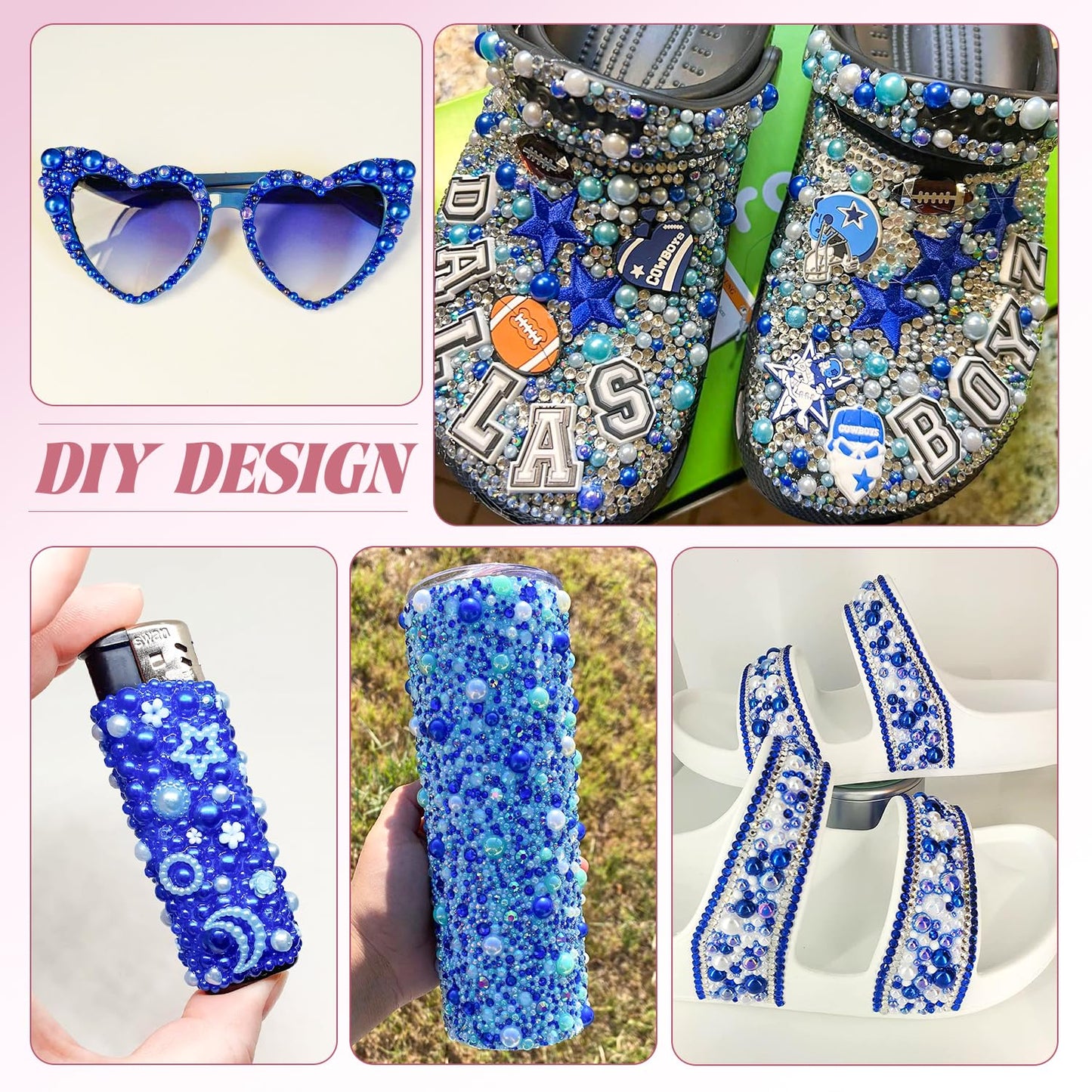 9000Pcs Flatback Pearls and Rhinestones for Bedazzling, Blue Series Mixed Size 3-8mm Resin Rhinestones and Half Pearls for Crafting, Nail Art and Grad Cap Decoration with 3pcs B7000 Jewelry Glue