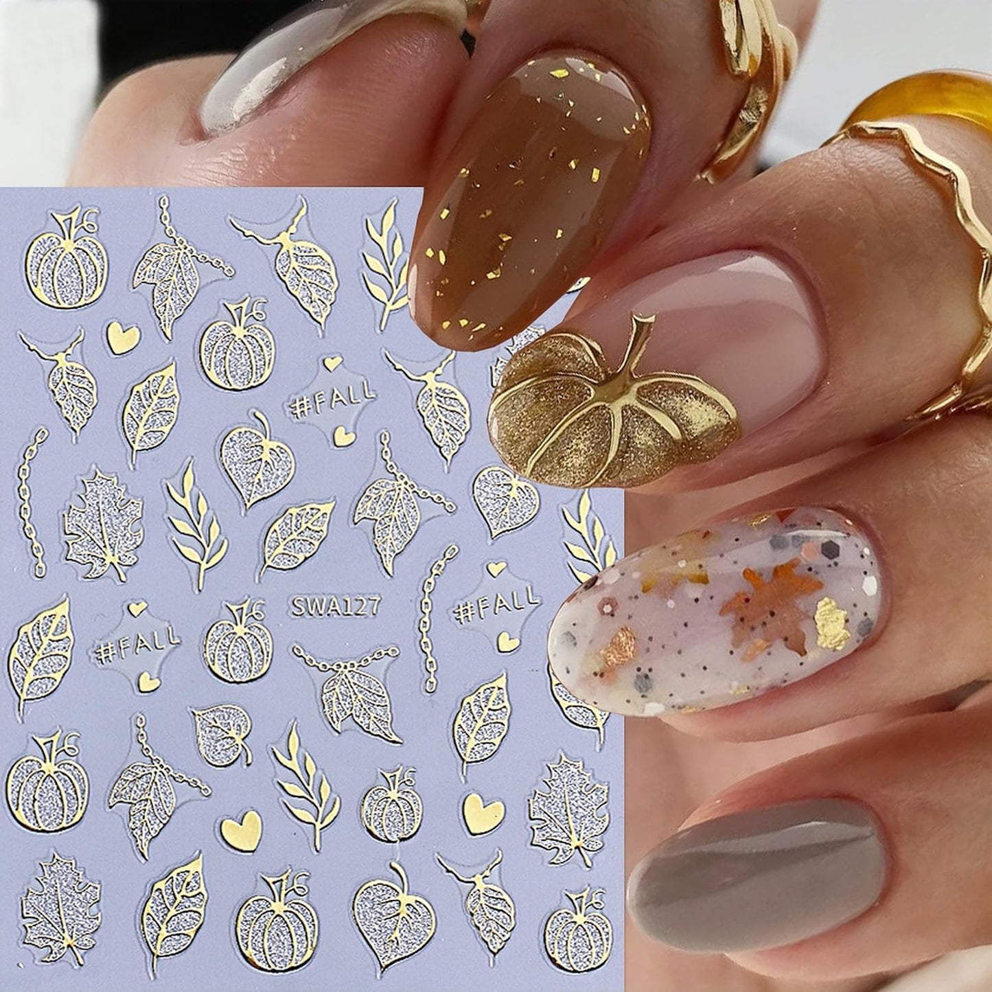 8 Sheets Fall Halloween Nail Stickers for Nail Art Pumpkins Nail Decals 3D Self-Adhesive Autumn Maple Leaf Cute Ghost Pattern Design Sticker Decoration for Women DIY Holiday Party Nails Supplies