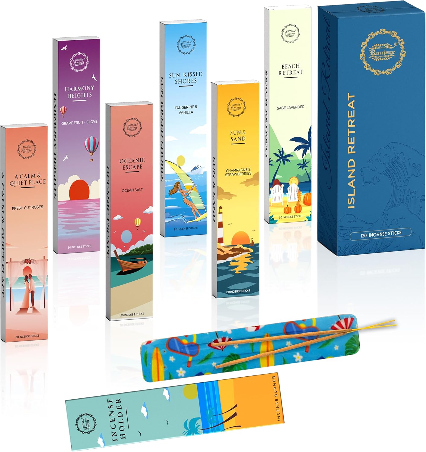 Raajsee Incense Sticks Natural, Set of 6 Organic Incents –120 Insence-Sticks with Holder– Aromatherapy Gifts, Non Toxic Clean Burning for Spiritual Cleansing – Ocean Salt, Grape Fruit Clove, Sage