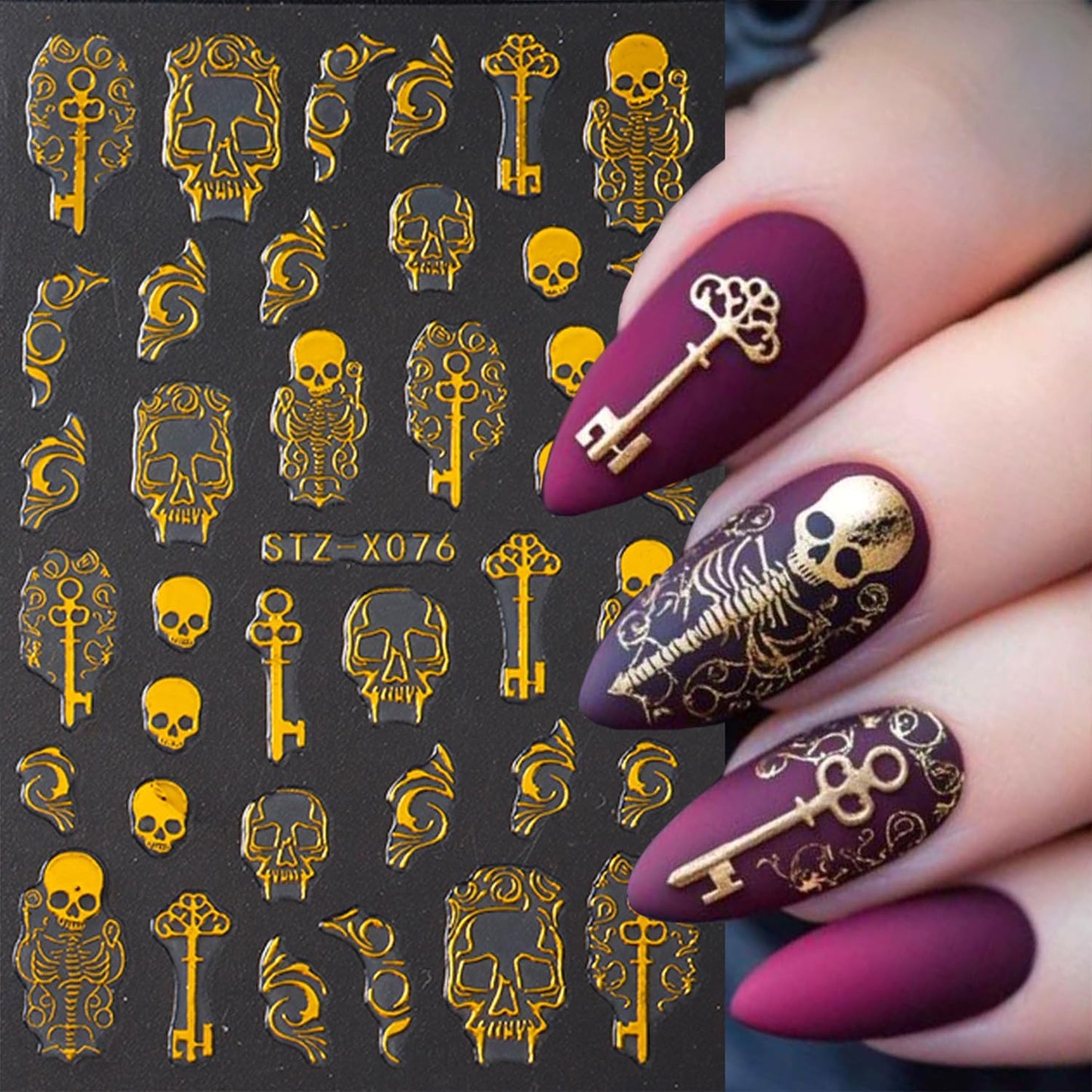 6 Sheets Halloween Gold Nail Art Stickers Decals Spider Web Nails Stickers with Rhinestones Design 5D Skull Nails Decal Self-Adhesive Bat Nail Art Decal for Women Halloween Decor
