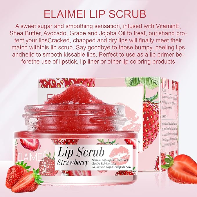 Lip Scrub, Exfoliator & Moisturizer, Lip Repair for Lush Soft Lips, Chapped Dry and Flaky Lips Treatment (Strawberry)