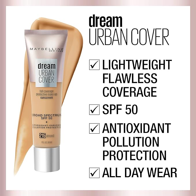 Maybelline Dream Urban Cover Flawless Coverage Foundation Makeup, SPF 50, Cappuccino