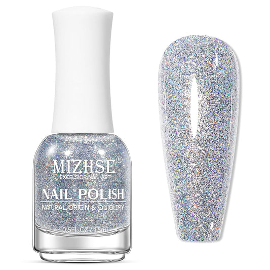 MIZHSE Quick Dry Glitter Nail Polish, Siver Rainbow Nail Polish Air Dry Fast, 15ml High Glossy Sparkly Shiny Shimmery Iridescent Silver Nail Art Salon Manicure Home