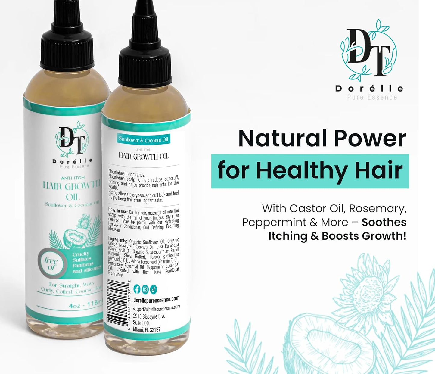 Hair Growth Oil for Curly, Coarse & Afro Hair – Sulfate Free Scalp – Oil with Coconut, Rosemary & Peppermint – Kumquat Scented