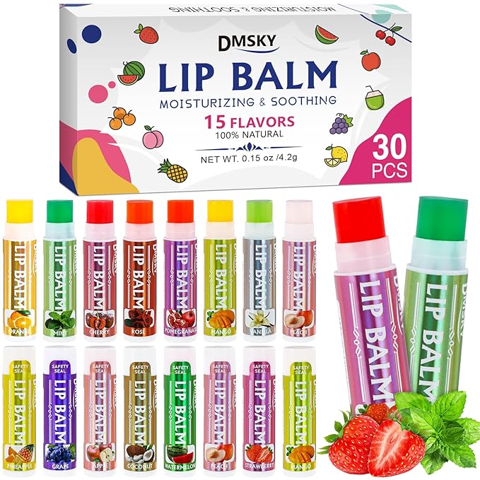 Dmsky Lip Balm 30 Pack, Colorful Lip Balm Bulk with Vitamin E and Coconut Oi, Hydrating Moisturizing Lip Balm Set for Men Women- 15 Flavors