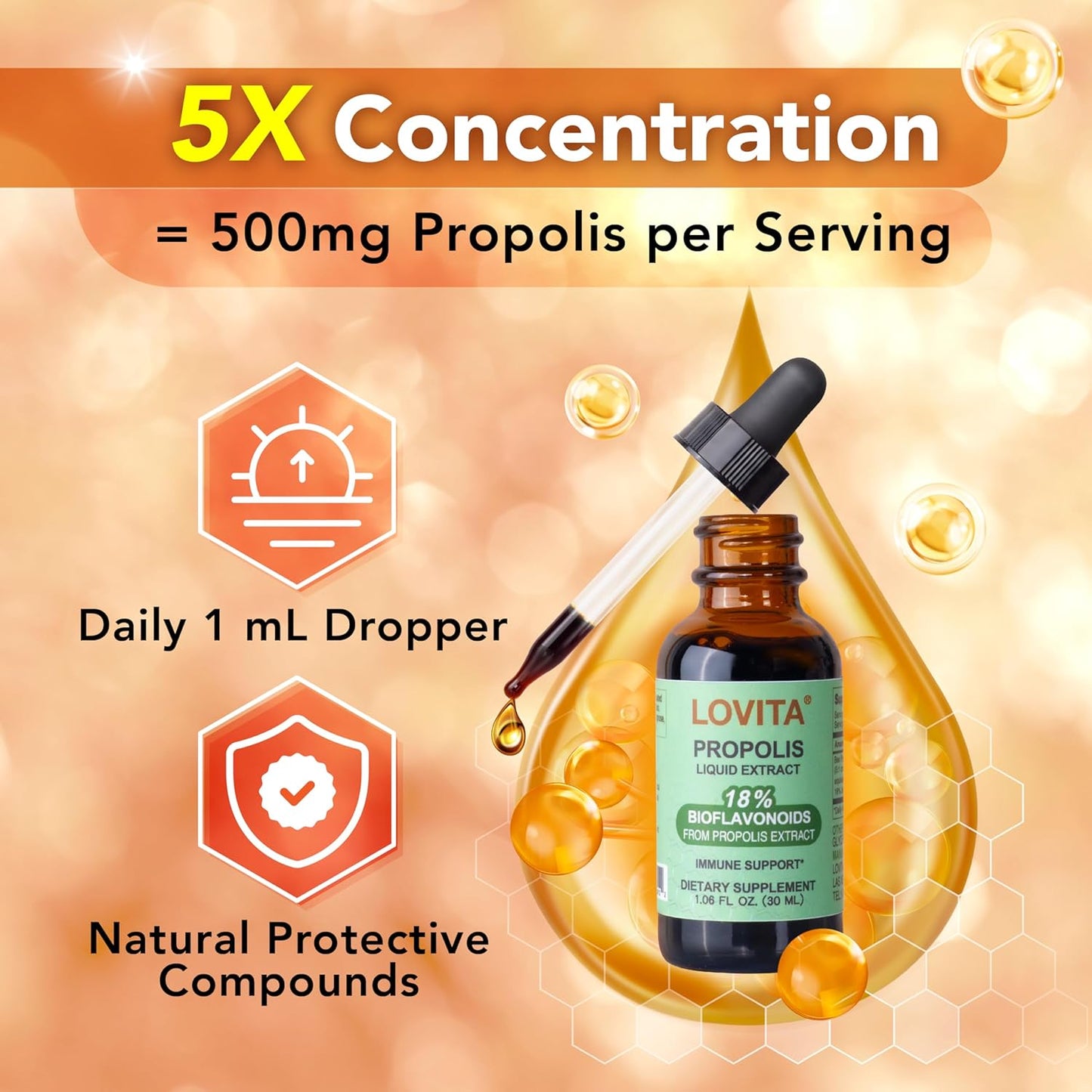 Lovita Bee Propolis Liquid Extract 500mg, 5:1 Resin Drops with 18% Bioflavonoids, Alcohol-Free Antioxidant, Immune Support & Throat Soothing, Gluten-Free, Non-GMO, 1 Fl Oz (30 mL), 90 Day Supply