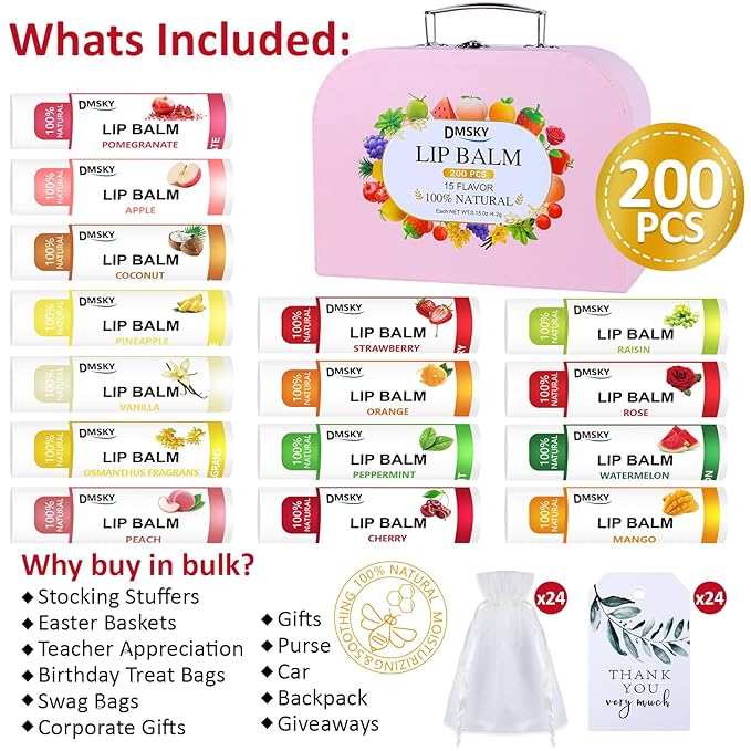 DMSKY 200 Pack Lip Balm, Natural Lip Balm Bulk with Vitamin E and Coconut Oil, Moisturizing Soothing Chapped Lips, Gifts for Women Stocking Stuffers Party Favors