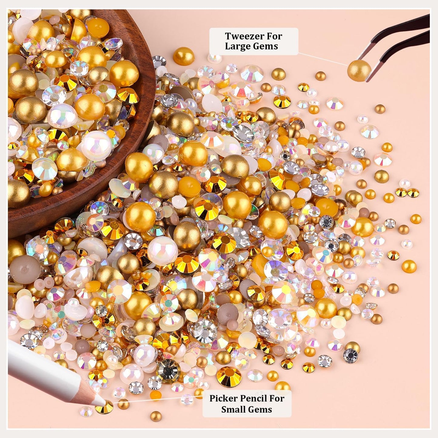 9000PCS Flatback Pearls and Rhinestones for Crafting, White Brown 3-10mm Resin Rhinestones and Half Pearls for Bedazzling, Nail Art and Dec with 3pcs B7000 Jewelry Glue, Tweezer and Pickup Pencil