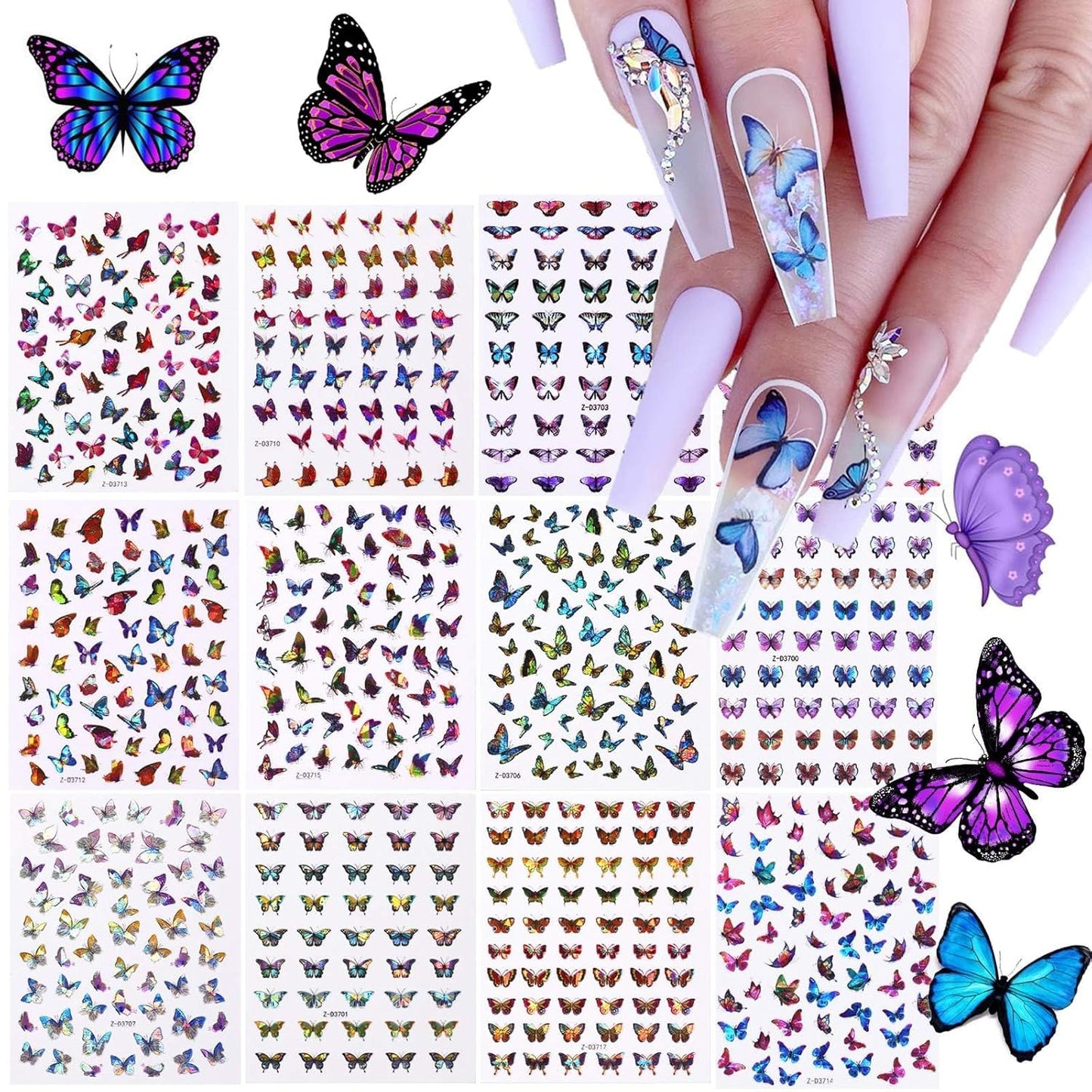 TOROKOM 12 Sheets Butterfly Nail Art Stickers, 3D Self-Adhesive Nail Decals with Colorful Laser Butterflies Designs for DIY Manicure Decor
