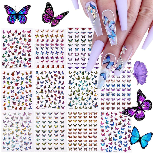TOROKOM 12 Sheets Butterfly Nail Art Stickers, 3D Self-Adhesive Nail Decals with Colorful Laser Butterflies Designs for DIY Manicure Decor