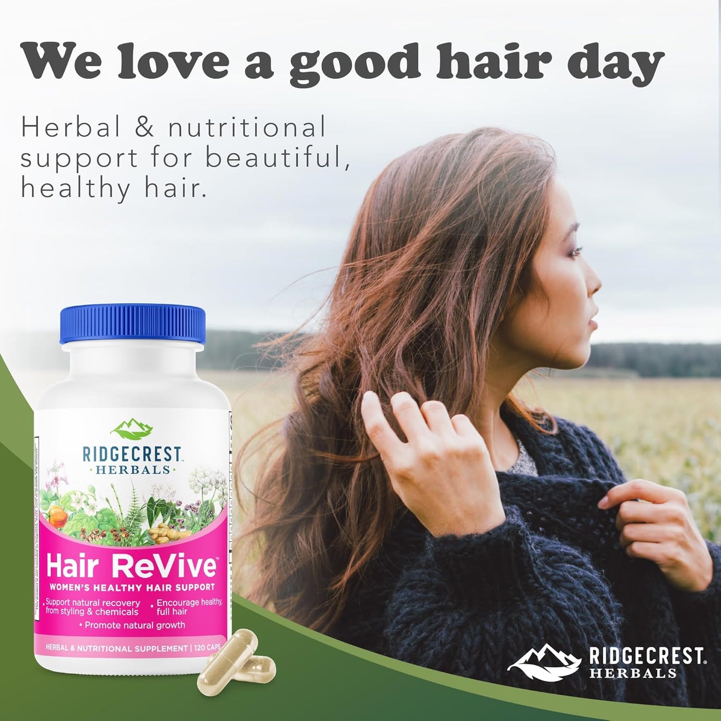 RidgeCrest Herbals Hair ReVive, Nutritional Hair Supplement with Vitamin C, Biotin (6000mcg), Zinc, and Copper, Hair Vitamins for Women to Support Healthy Hair, Skin, and Nails (120 Caps, 30 Servings)