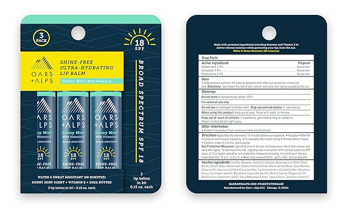 Oars + Alps Shine Free Lip Balm and SPF 18 Sunscreen, Lip Care with Sunny Mint Scent, Water and Sweat Resistant, 0.15 Oz Each, 3 Pack