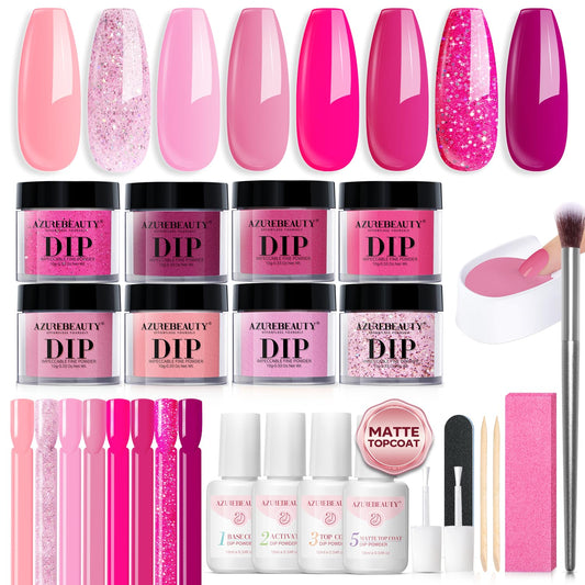 AZUREBEAUTY Dip Powder Nail Starter Kit with Matte Coat, 8 Hot Pink Glitter Neon Summer Color, Dipping Powder Liquid Set with Base/Top Coat/ Activator/10 Nail Sticks Salon at Home