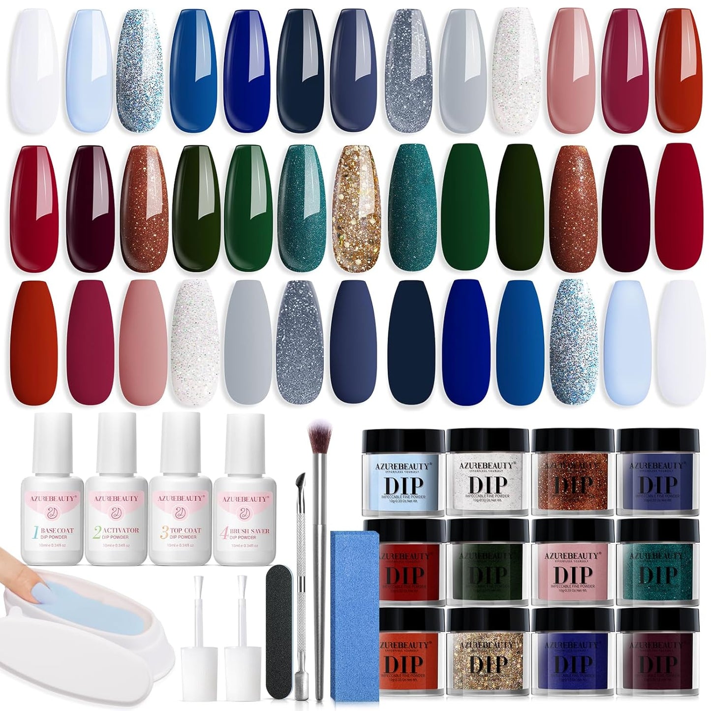 AZUREBEAUTY Dip Powder Nail Kit Starter Spring Summer Blue Red Green Glitter 31 Pcs 20 Colors Dipping Powder Liquid Set with Top/Base Coat Activator for French Nails Art DIY Salon Gift