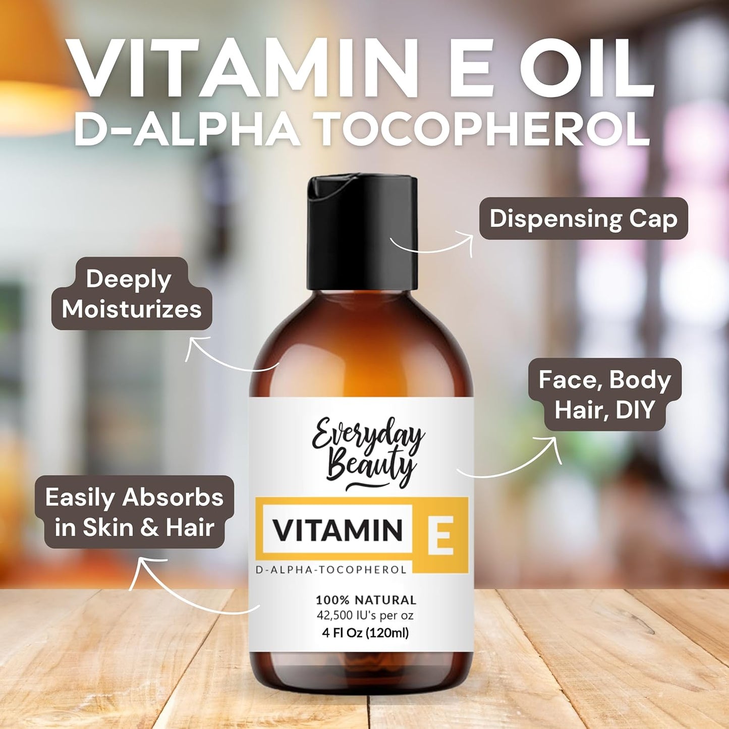 Pure Vitamin E Oil - D-Alpha Tocopherol 100% Pure & All Natural 4oz 42,500 IU per oz - Thick, Amber Color, Nutty Aroma - From Wheat Germ -Face Body Hair -DIY Cosmetics & After Surgery Scars
