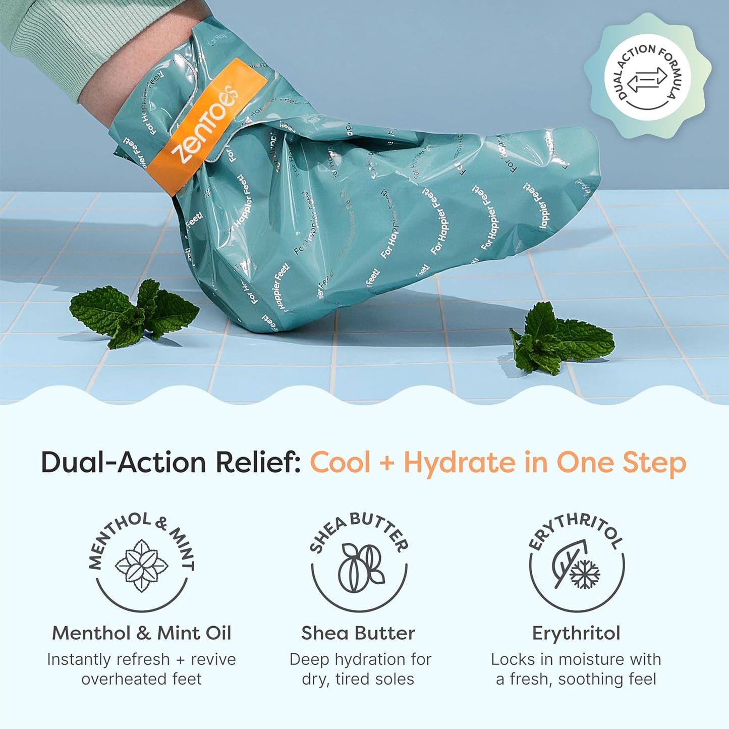 ZenToes Cooling Foot Mask - Hydrating Peppermint & Shea Butter Sheet Masks with Menthol for Soothing Tired, Achy, Dry Feet - Spa Treatment at Home, Paraben & Sulfate Free, 3 Pairs